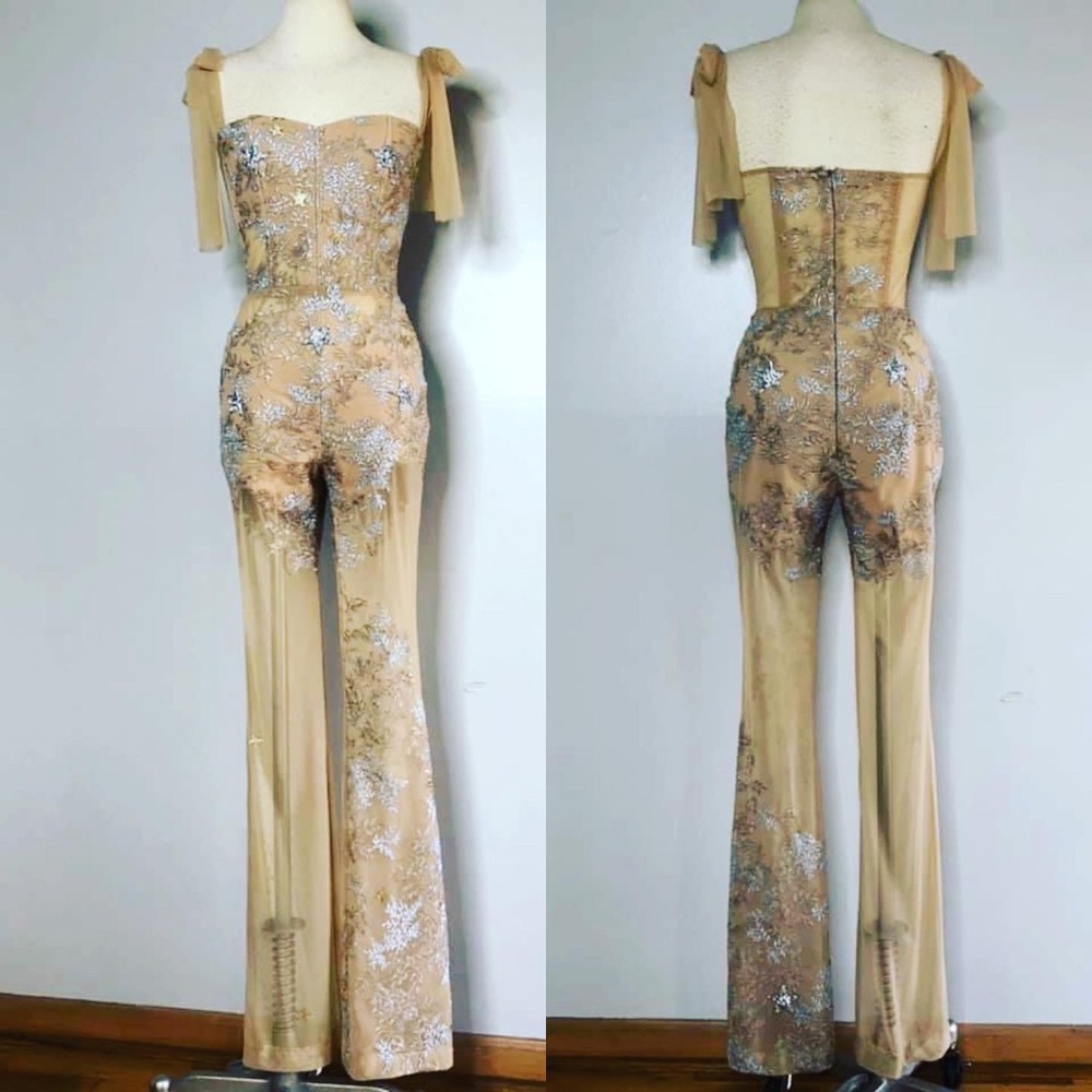 Lucia’s Sarto DELANEY Lace Jumpsuit Mesh Bell Bottom Romper nude